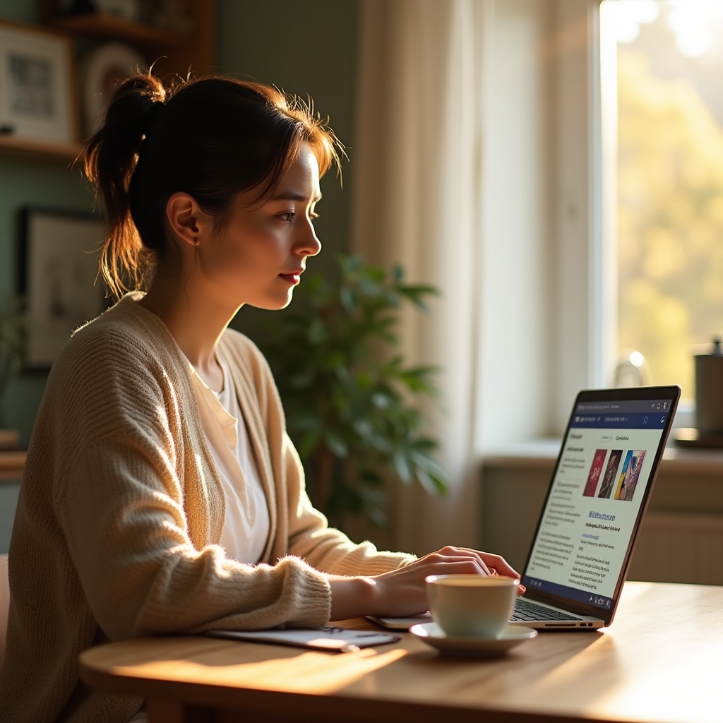 Elternteil bearbeitet ein Online-Modul am Laptop im Wohnzimmer