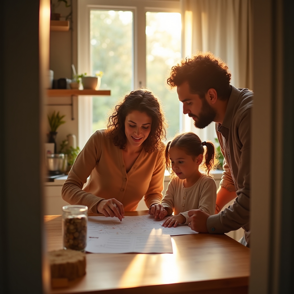 Familie sitzt gemeinsam am Tisch und plant das wöchentliche Budget