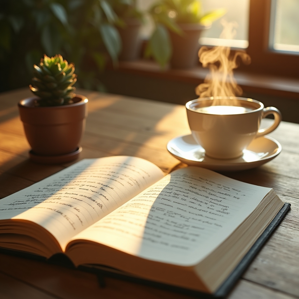 Notizbuch mit handschriftlichen Gesprächsfragen liegt neben einer Tasse Tee auf einem Holztisch