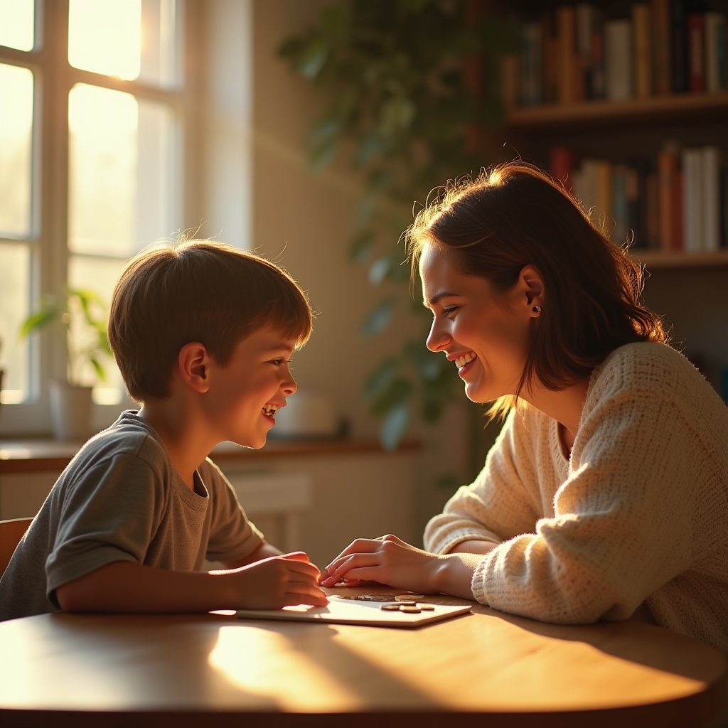 Elternteil und Jugendlicher sitzen am Küchentisch und sprechen über Taschengeld