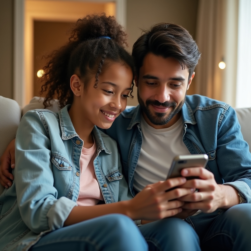 Jugendlicher schaut gemeinsam mit Elternteil auf eine Banking-App am Smartphone