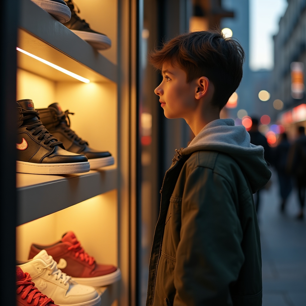 Jugendlicher betrachtet ein Paar teure Sneaker in einem Geschäft