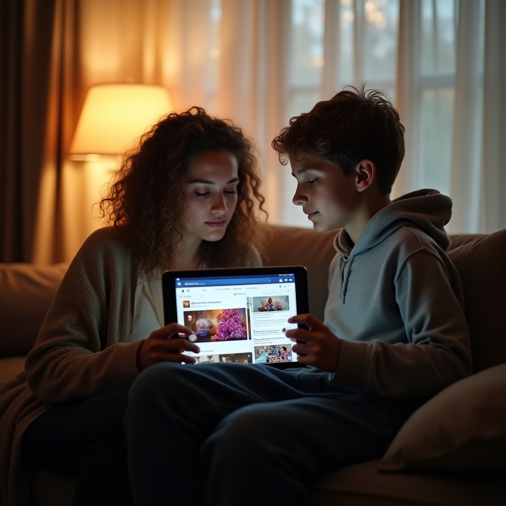 Elternteil und Jugendlicher schauen gemeinsam auf ein Smartphone mit Social-Media-Werbung